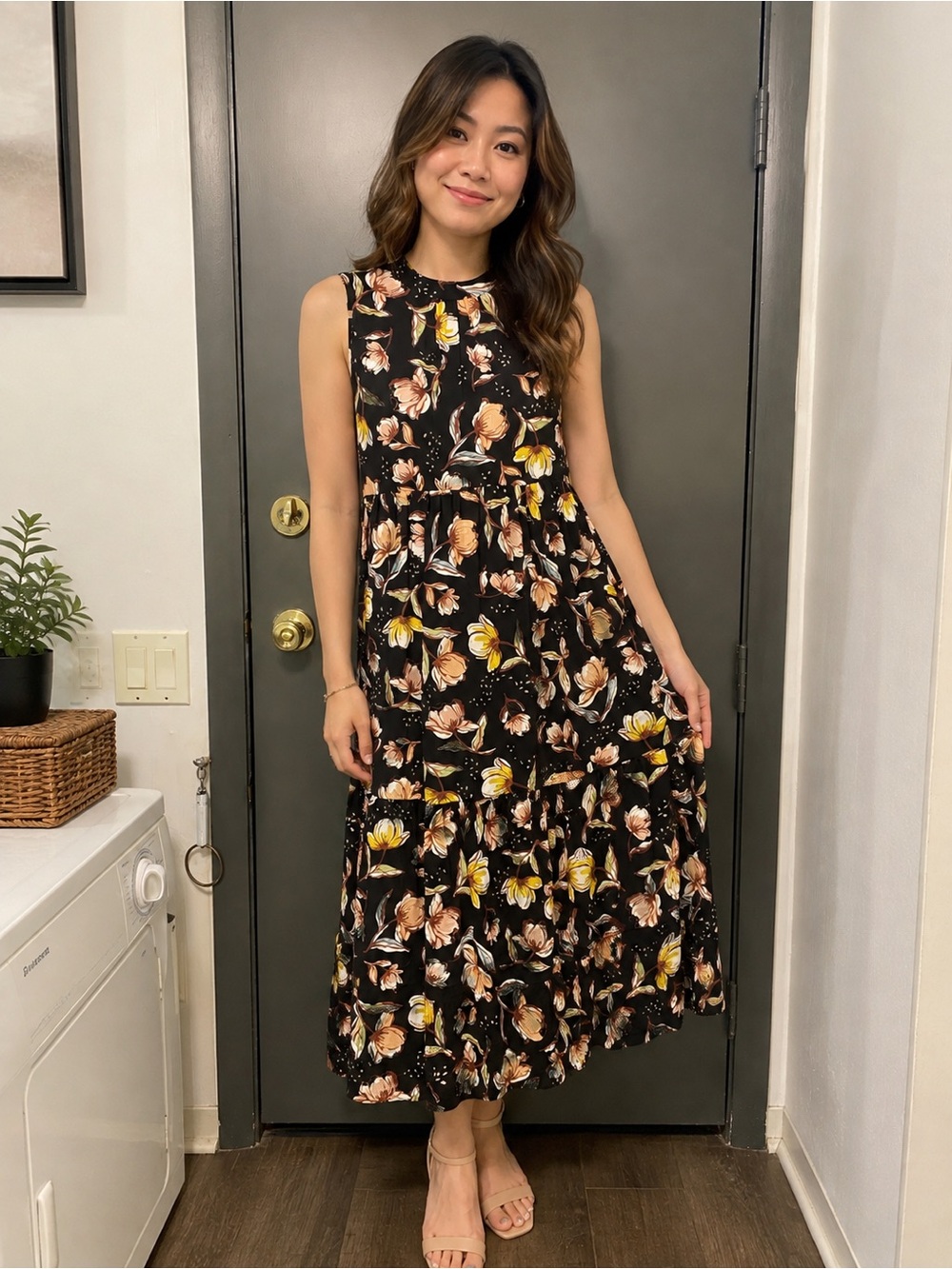 Caslon Black Floral Maxi Dress with Yellow and Tan Blooms